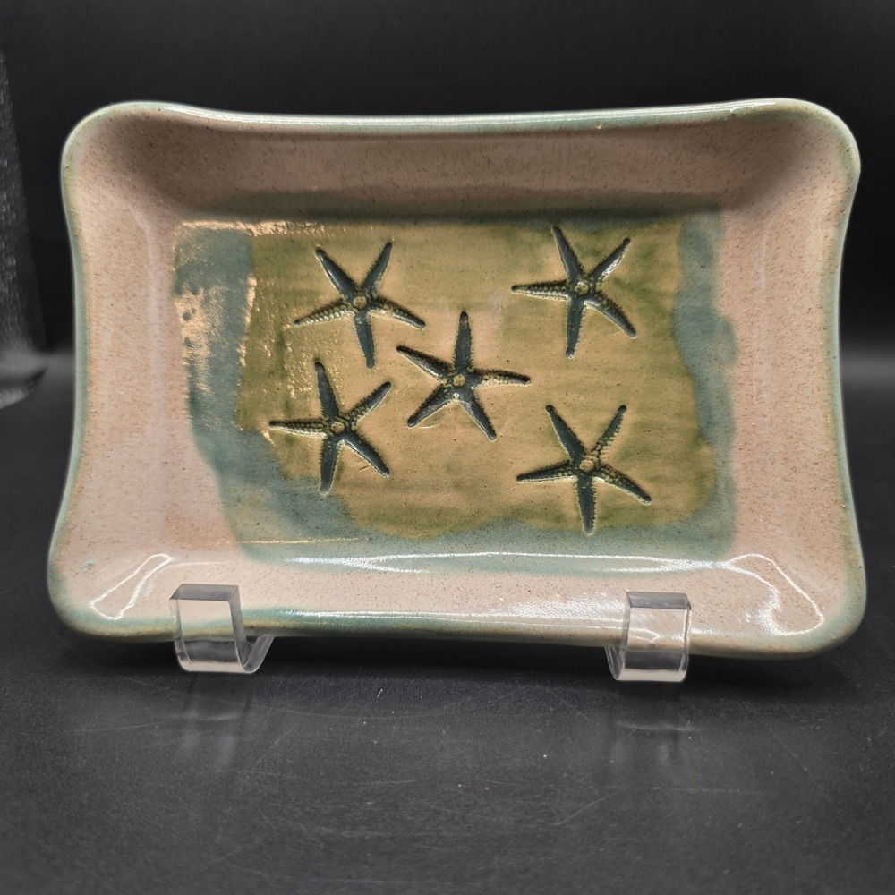 Hugh Wayne Studio Pottery Starfish Trinket Dish Coastal Sage Green Pink Tray